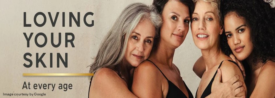 Four women of different skin age with text saying loving your skin
