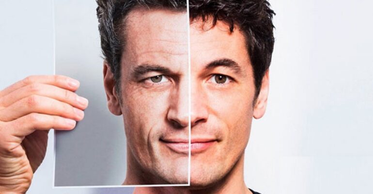 A person holding a sheet showing before and after skin aging