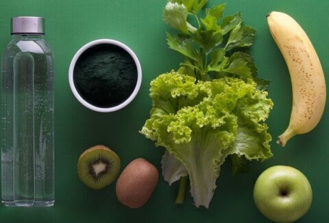 A selection of liver health supplements and liver-friendly food products, including vitamins, antioxidants, fruits, vegetables, and nuts, promoting overall liver well-being.