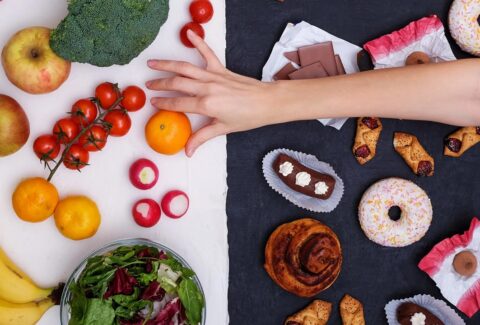 Avoid these foods if you have diabetes: A plate with a red crossed-out symbol over foods such as sugary desserts, soda, white bread, processed snacks, and fried foods.
