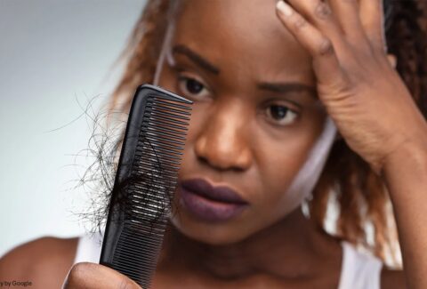Women looking at her hair which are there in the comb
