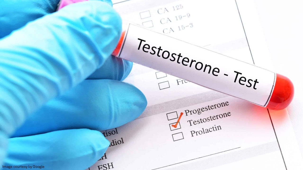 A hand in blue glove holding the testosterone tube