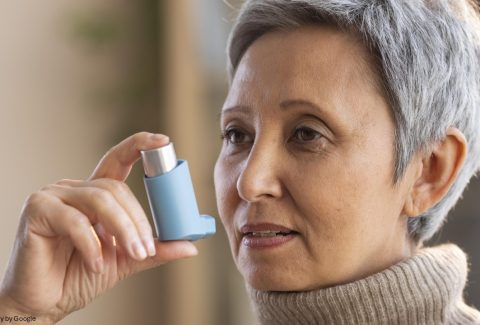 A lady using asthma inhalers