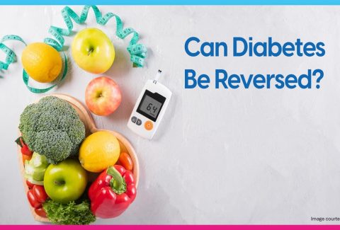 fruits, vegetables and glucometer with “Can Diabetes Be Reversed?” text