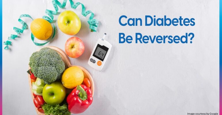 fruits, vegetables and glucometer with “Can Diabetes Be Reversed?” text
